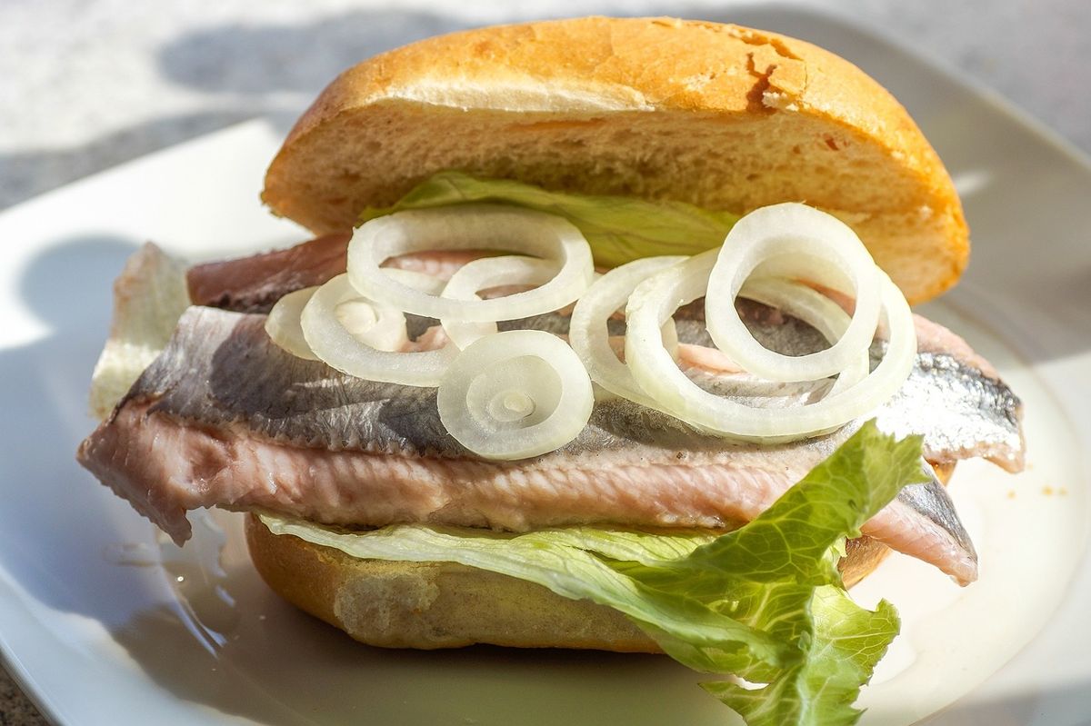Sandwich au hareng mariné, oignons et salade